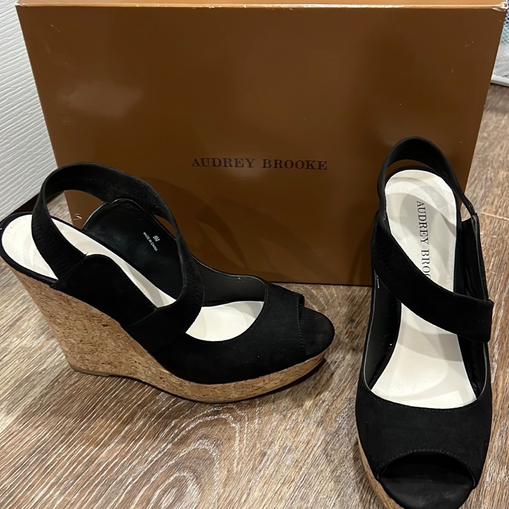 Audrey Brooke peep toe black suede wedges, size 8M.